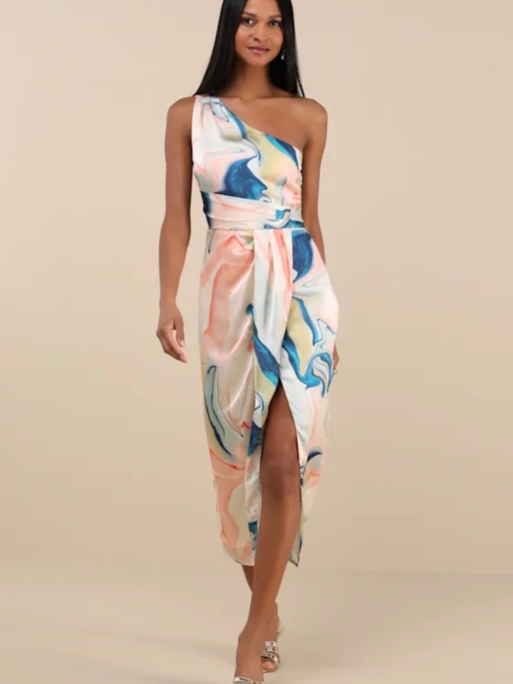 NEW! Rhema White Multi Abstract Print Satin Midi Dress Size Medium Cocktail NWT